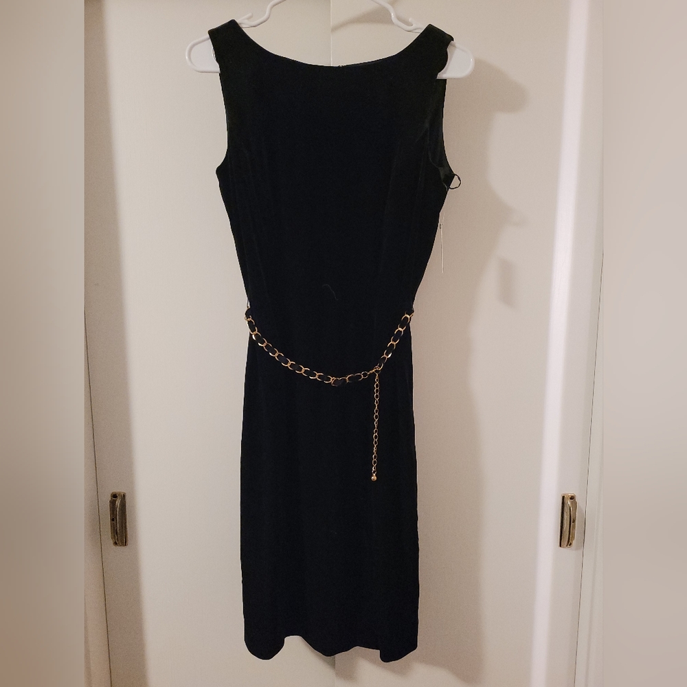 NWT Black Velvet Tahari Dress with Gold Chain